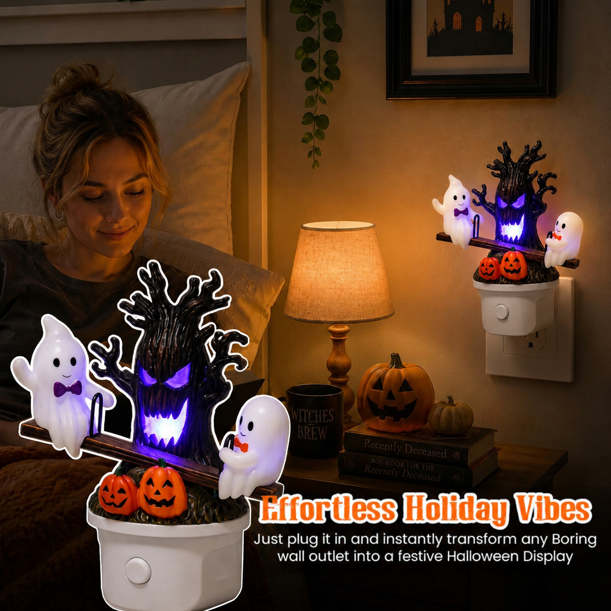 Animated Seesaw Ghost Plug In LED Night Light, 3D Halloween Lamp with Pumpkin & Spooky Tree, Cute Spooky Indoor Decor for Bedroom Bathroom Hallway