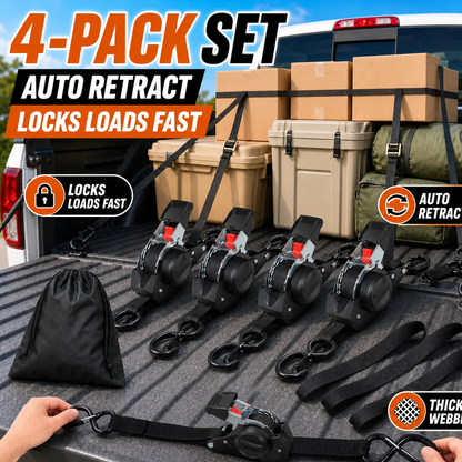 🔥😍⏰Limited Stock 60% OFF 🚜 Dual-End Retractable Tie-Down Ratcheting Straps, Large Locking S Hooks for Motorcycle, ATV, Truck