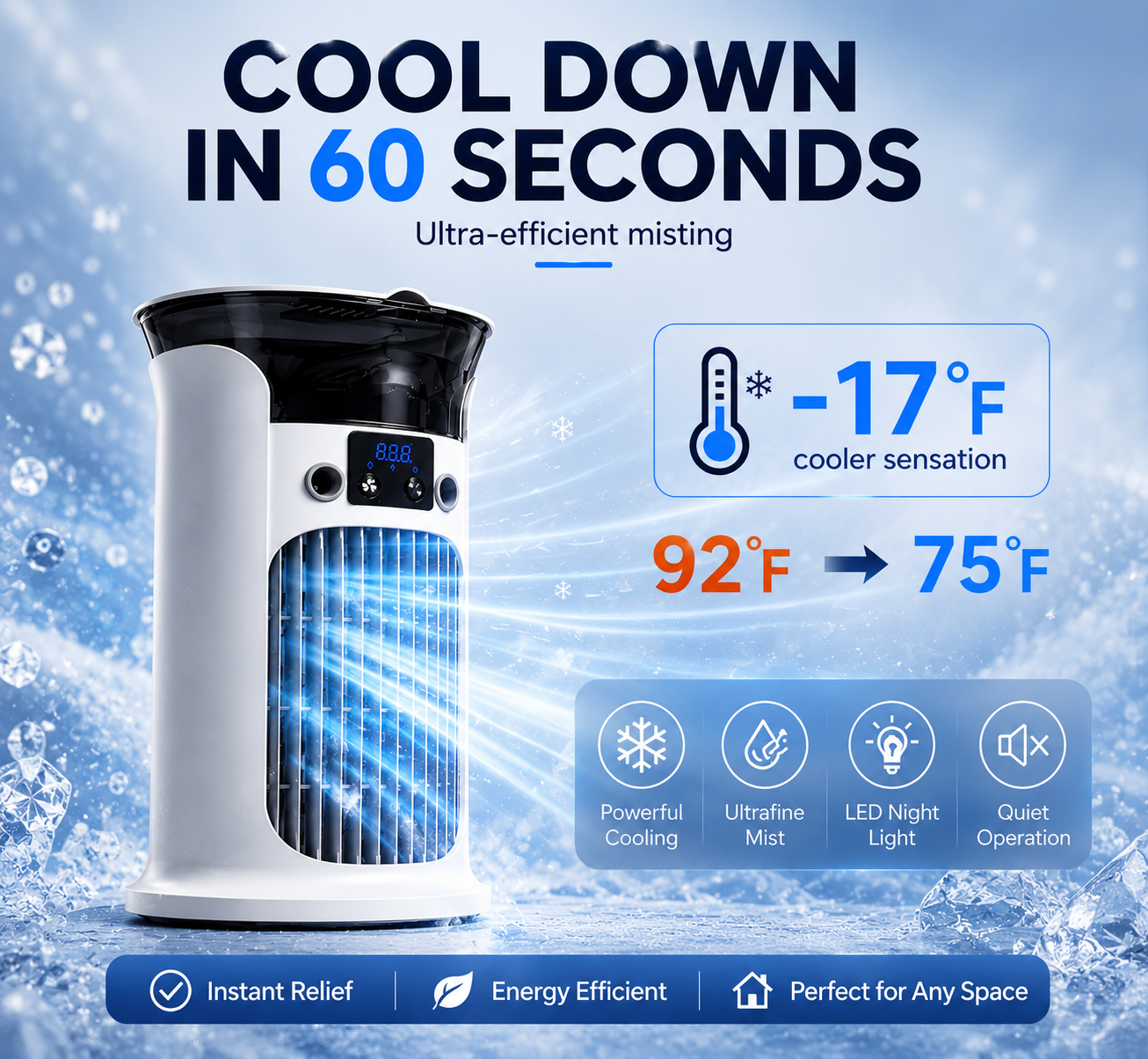 ❄️ 2026 Hot Sale | 3-in-1 Portable Air Cooler ❄️ Portable Mist Air Cooler with LED Night Light