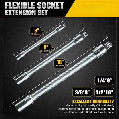 1/2 Inch 35cm Socket Ratchet Wrench Set - 3 Bendable Shafts, Wrench Extender Tool, Connecting Rod - Automotive Car Repair Tools for Home & Car Maintenance