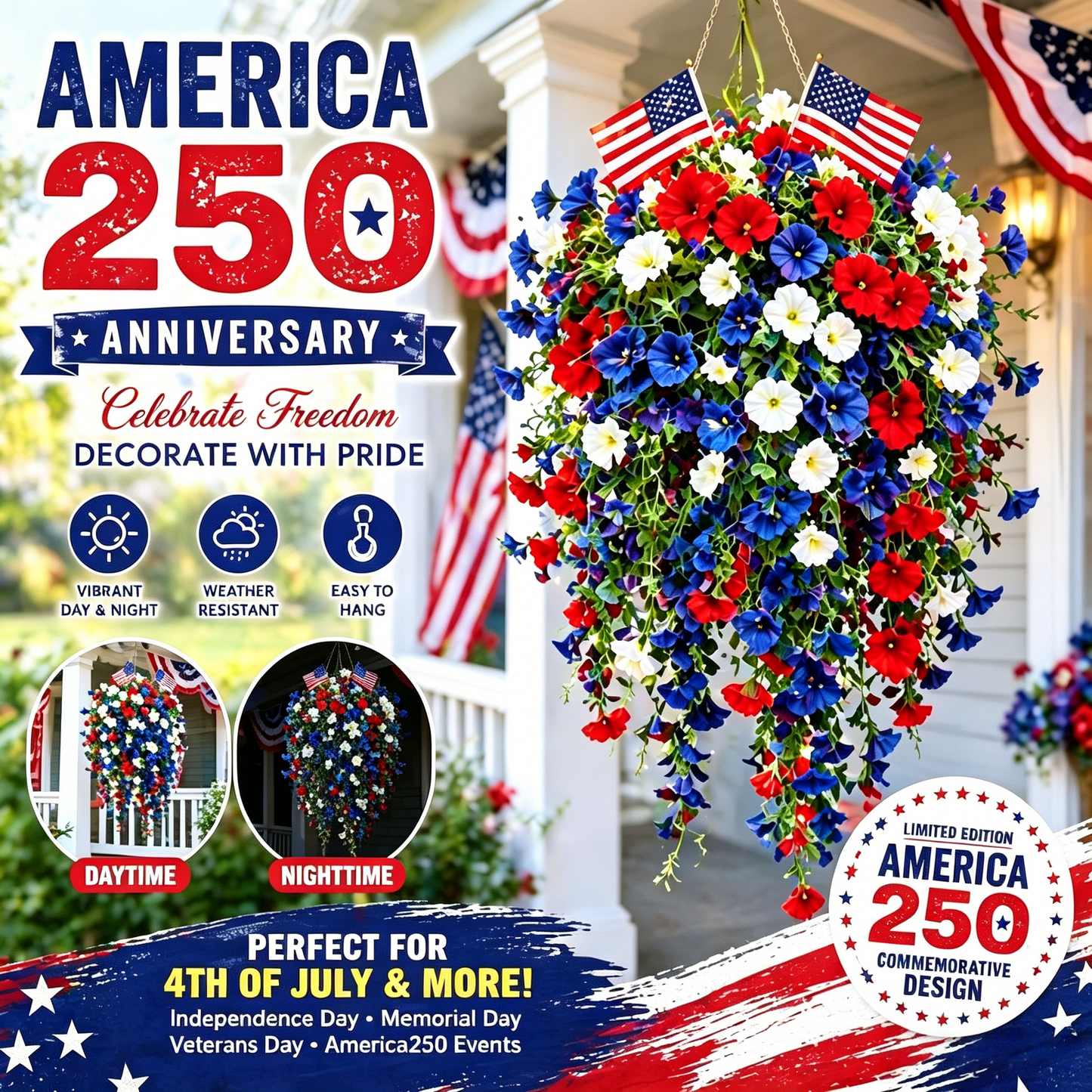 Last Day 50% OFF✨🇺🇸 Celebrate America’s 250th Anniversary with Patriotic Hanging Flower Baskets🌺