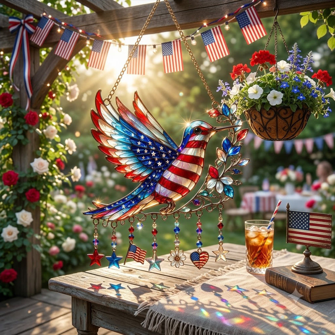 🕊️ Charm Patriotic Hummingbird 🎨 - Personalized Acrylic Window Hanging Suncatcher ✨ | 250th Anniversary Gift 🎁