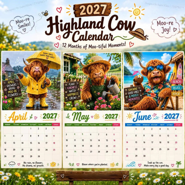 2027 Funny Highland Cow Wall Calendar | A4 Hanging Calendar | Designed by Isabel Kline
