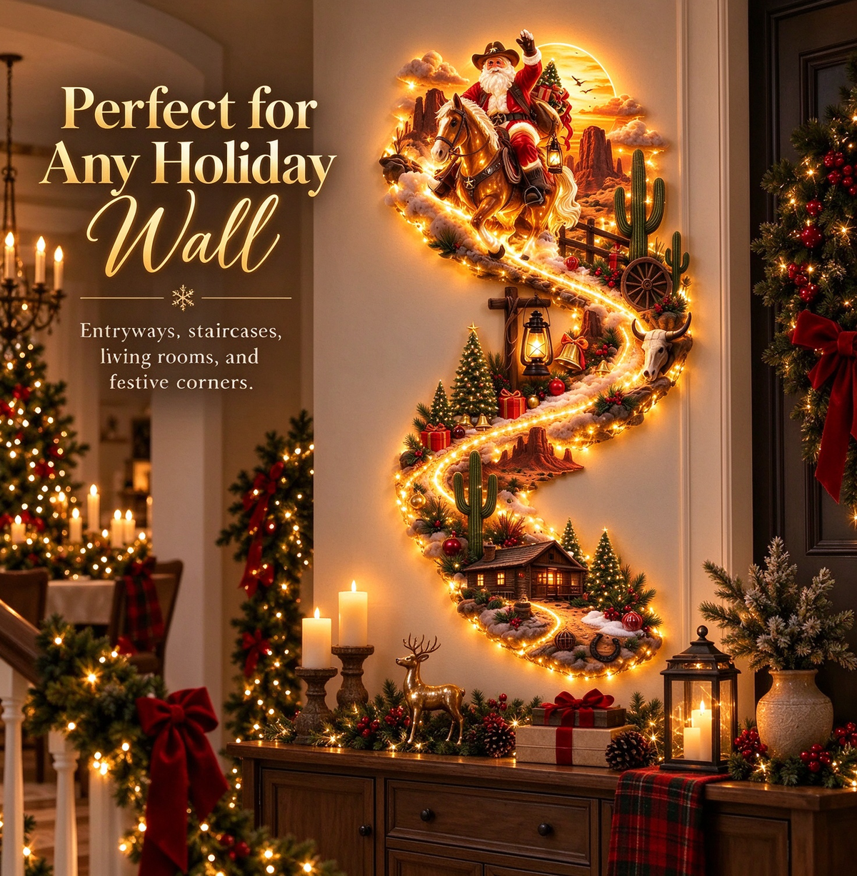 🔥 Last Day – 50% Off!🎅Cowboy Santa on Horse Lighted Wall Décor