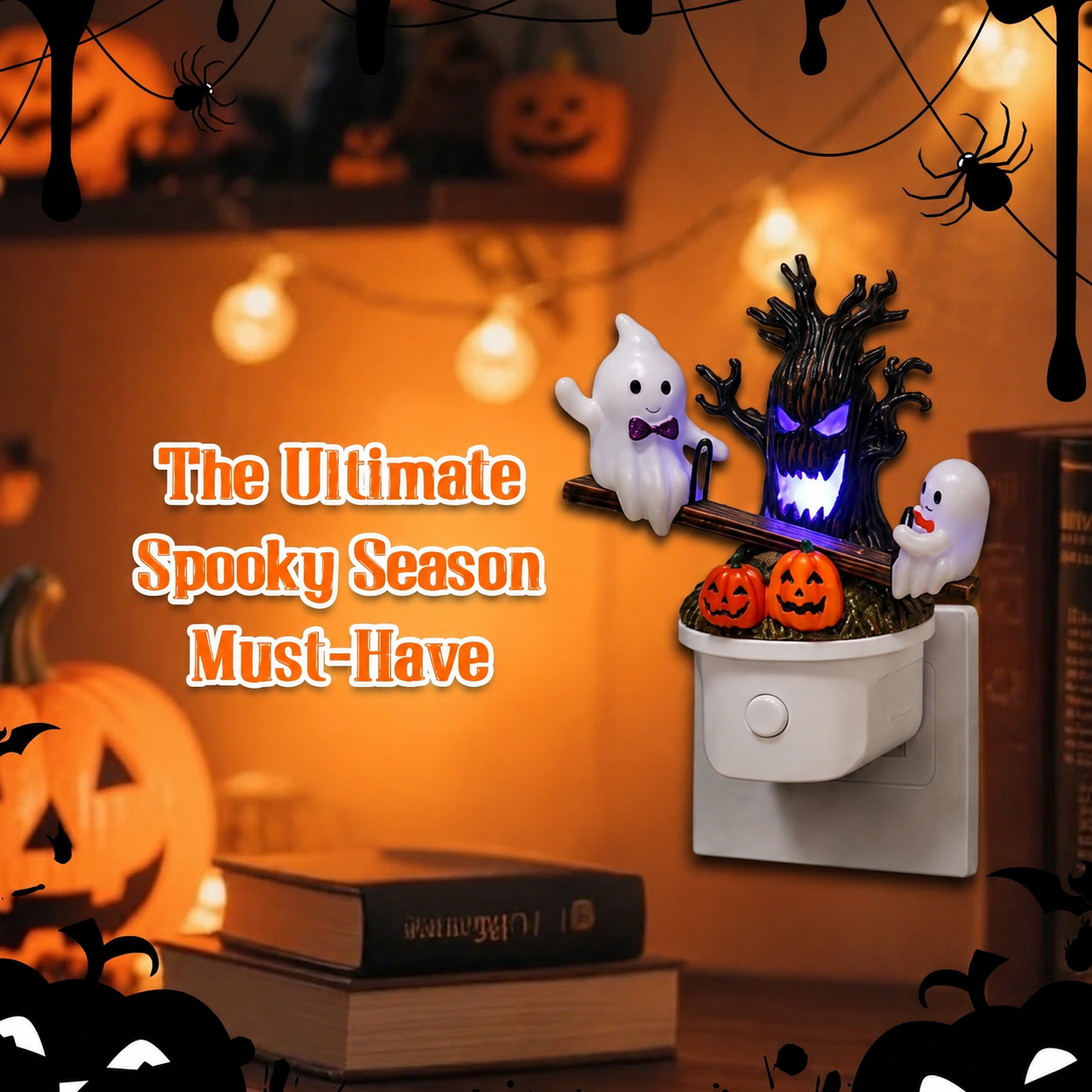Animated Seesaw Ghost Plug In LED Night Light, 3D Halloween Lamp with Pumpkin & Spooky Tree, Cute Spooky Indoor Decor for Bedroom Bathroom Hallway