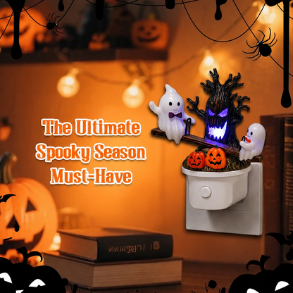 Animated Seesaw Ghost Plug In LED Night Light, 3D Halloween Lamp with Pumpkin & Spooky Tree, Cute Spooky Indoor Decor for Bedroom Bathroom Hallway