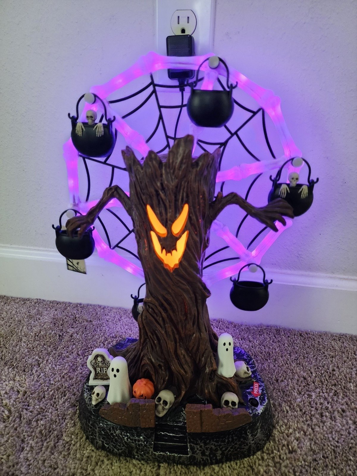 🔥HOT SALE🔥📦Free Shipping🛫Rotating Halloween Ghost Tree Ferris Wheel Table Decor, LED Light Up Skeleton Spider Web Spooky Figurine with Sound