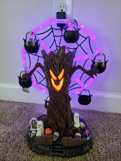 🔥HOT SALE🔥📦Free Shipping🛫Rotating Halloween Ghost Tree Ferris Wheel Table Decor, LED Light Up Skeleton Spider Web Spooky Figurine with Sound