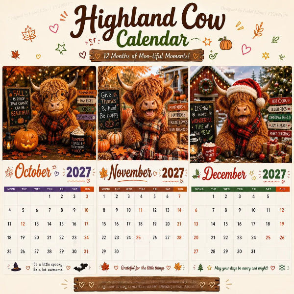 2027 Funny Highland Cow Wall Calendar | A4 Hanging Calendar | Designed by Isabel Kline