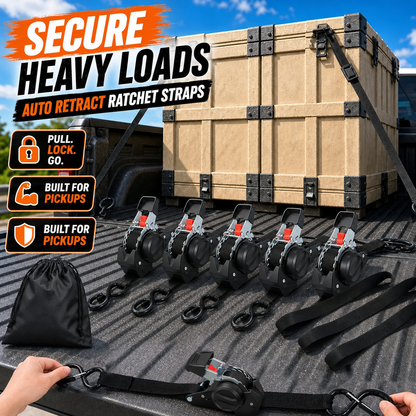 🔥😍⏰Limited Stock 60% OFF 🚜 Dual-End Retractable Tie-Down Ratcheting Straps, Large Locking S Hooks for Motorcycle, ATV, Truck