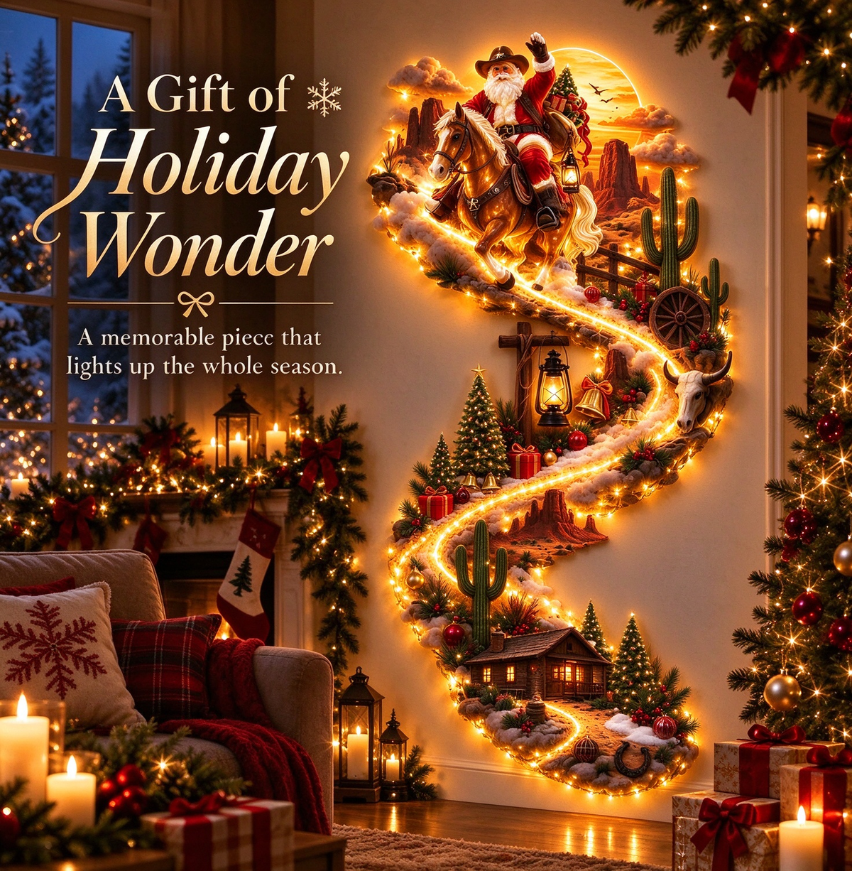 🔥 Last Day – 50% Off!🎅Cowboy Santa on Horse Lighted Wall Décor
