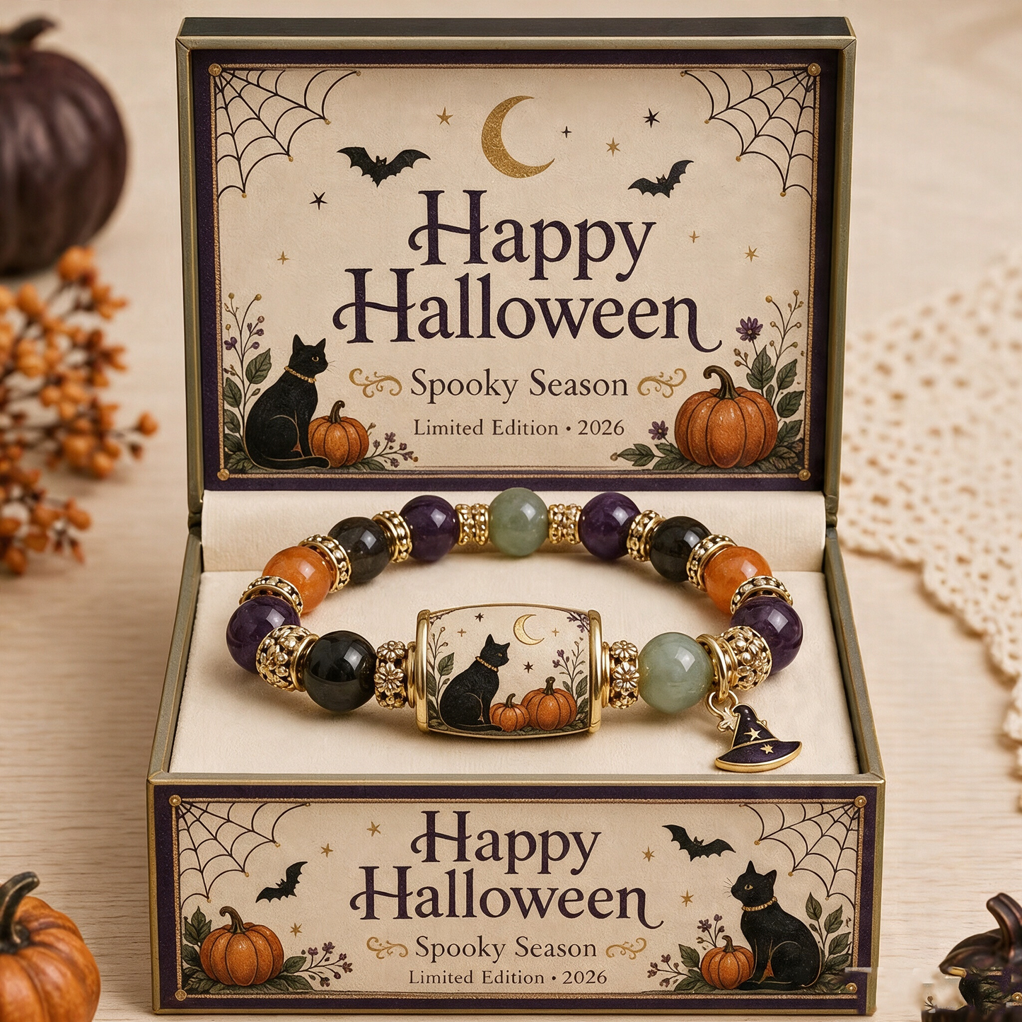 🎃🐈 Halloween Sale 50% OFF🔥 Black Cat Pumpkin Beaded Bracelet Gift Set
