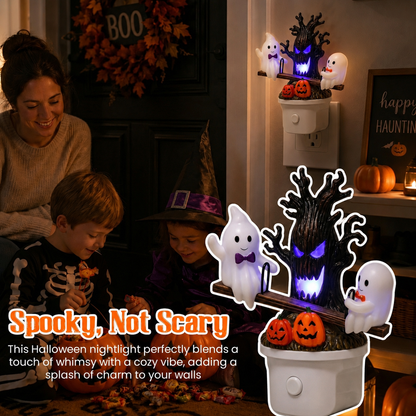 Animated Seesaw Ghost Plug In LED Night Light, 3D Halloween Lamp with Pumpkin & Spooky Tree, Cute Spooky Indoor Decor for Bedroom Bathroom Hallway