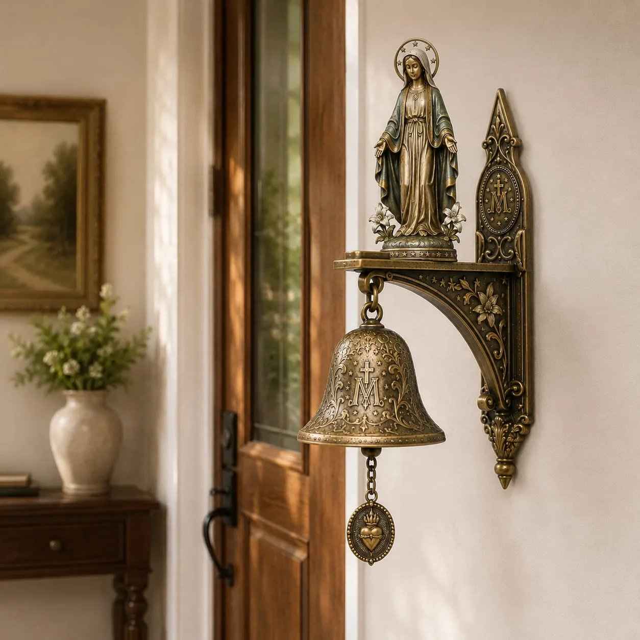 🙏 Our Lady of Grace Bronze Miraculous Medal Wall Bell | Catholic Religious Home & Garden Decor✨