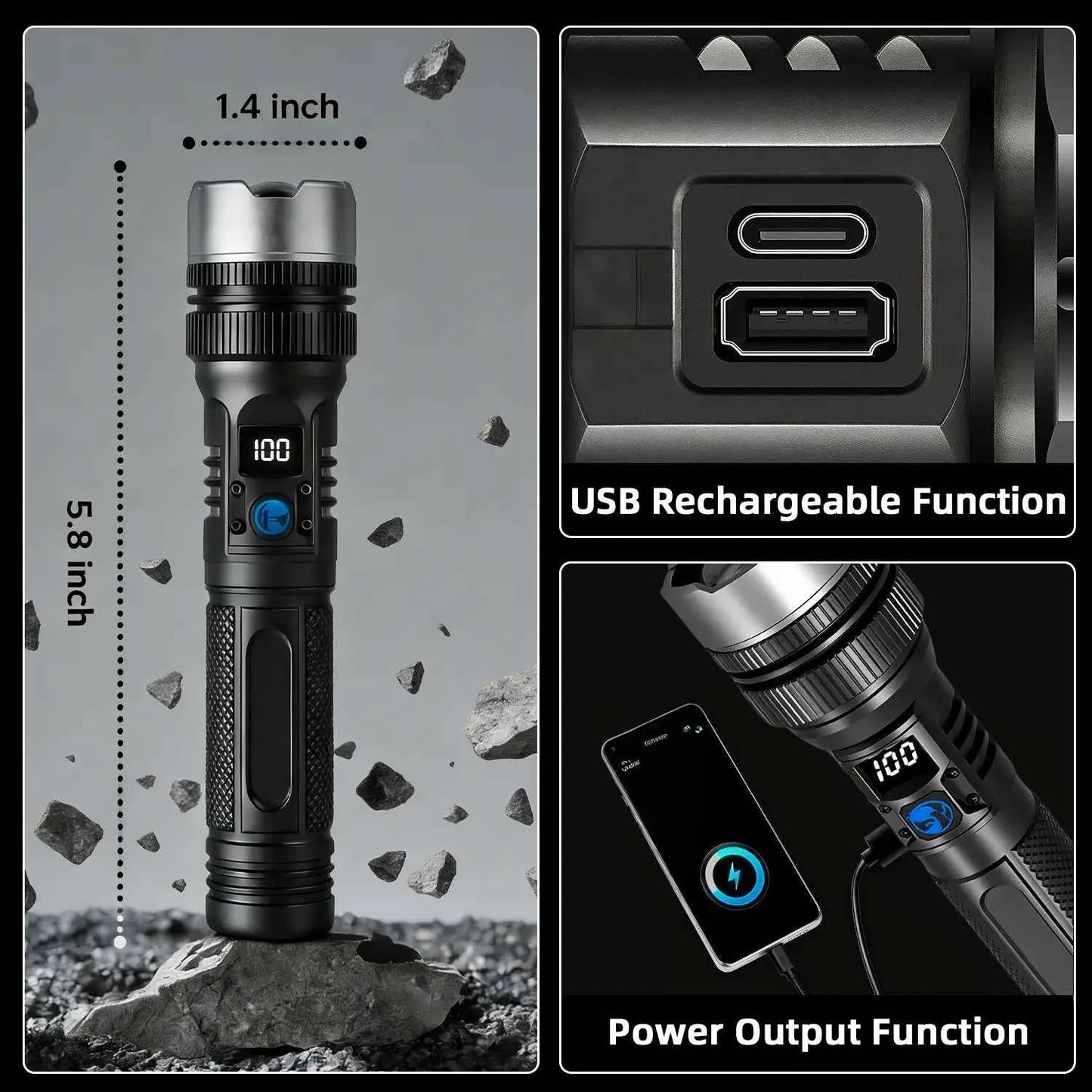 ⚡ Flashlight with Power Bank | Rechargeable Zoomable LED Light