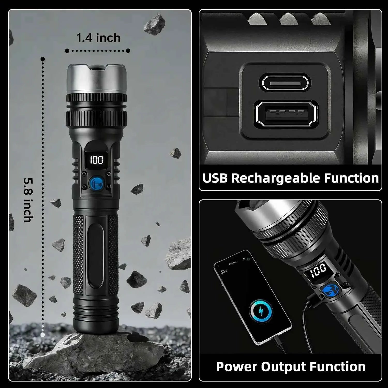 ⚡ Flashlight with Power Bank | Rechargeable Zoomable LED Light