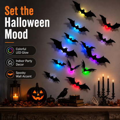 👻✨ 3D Flying Bat Decorations | Colorful LED Halloween Decor for Walls, Doors & Windows