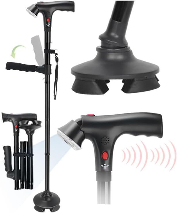 🚶 3-in-1 Folding Walking Cane | Adjustable Cane with Light & Alarm