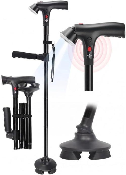 🚶 3-in-1 Folding Walking Cane | Adjustable Cane with Light & Alarm