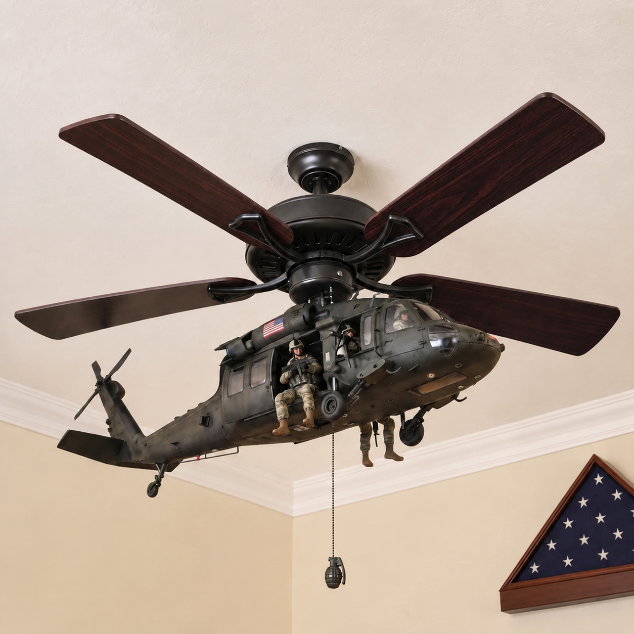 🚁 Military Helicopter Ceiling Fan Decor – Realistic Hanging Ornament for Man Cave & Home.