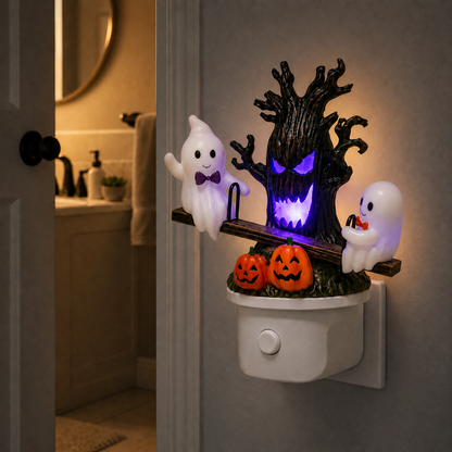 Animated Seesaw Ghost Plug In LED Night Light, 3D Halloween Lamp with Pumpkin & Spooky Tree, Cute Spooky Indoor Decor for Bedroom Bathroom Hallway