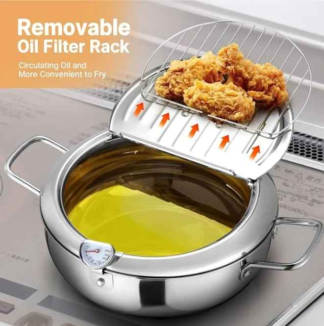🔥Stainless Steel Frying Pot with Thermometer and Oil Drip Drainer Rack🎉
