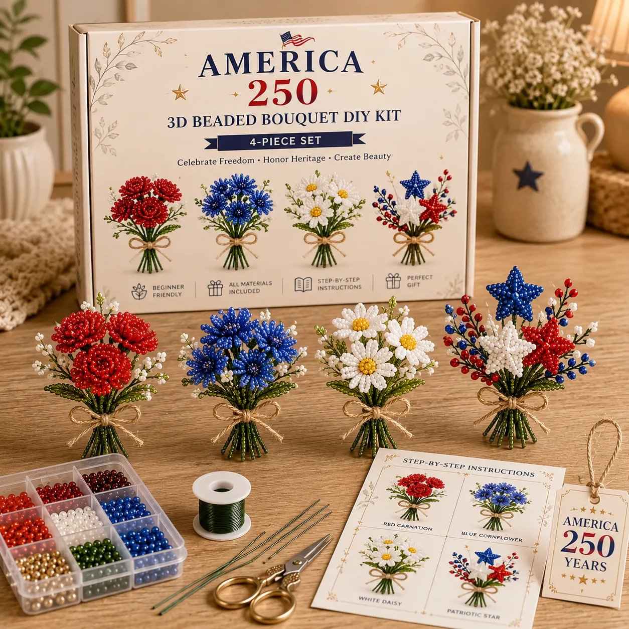 🔥LAST DAY 49% OFF-America 250 Beaded Bouquet DIY Kit – Limited Edition Patriotic Craft Collection