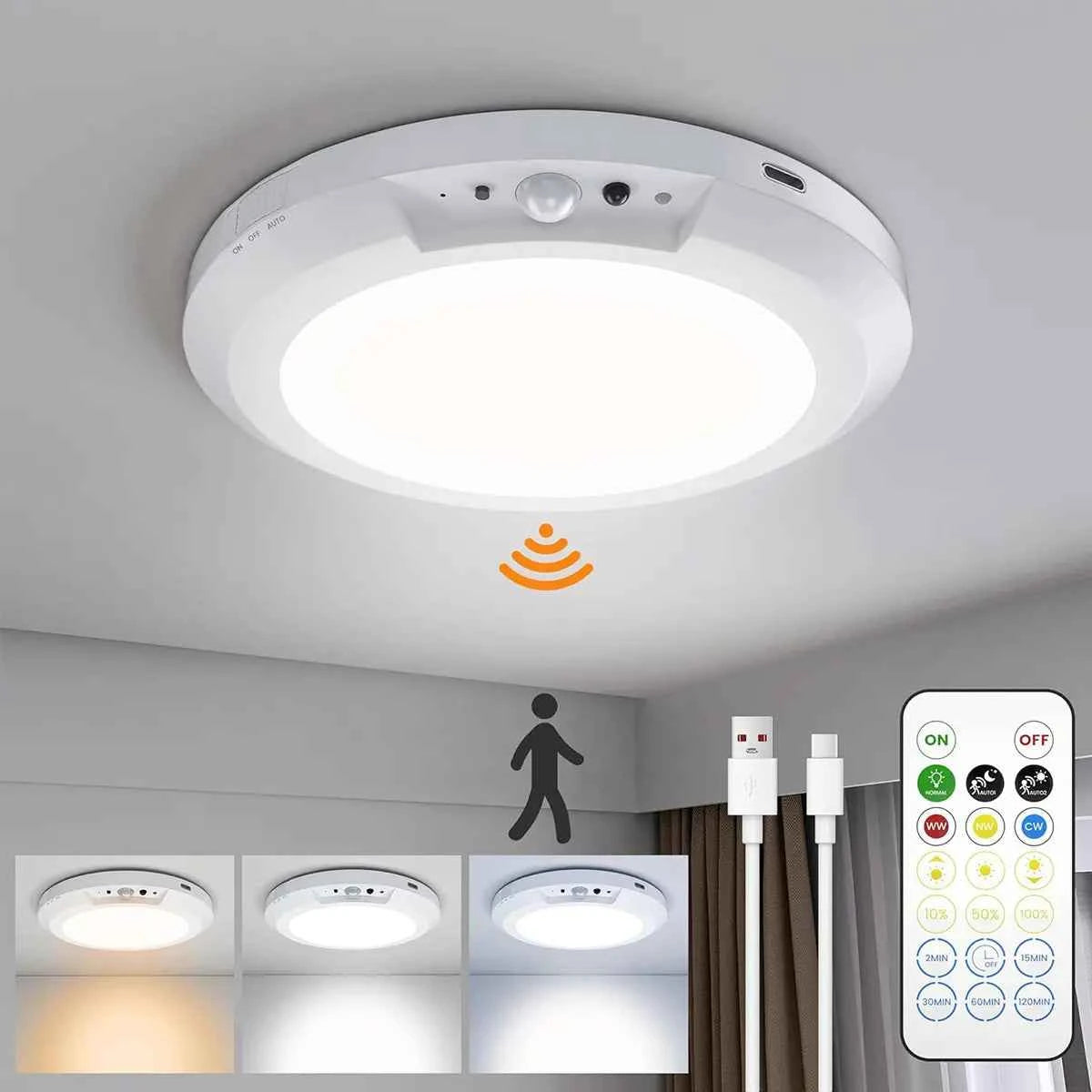✨ Motion Sensor Ceiling Light | Remote Control Rechargeable Lamp