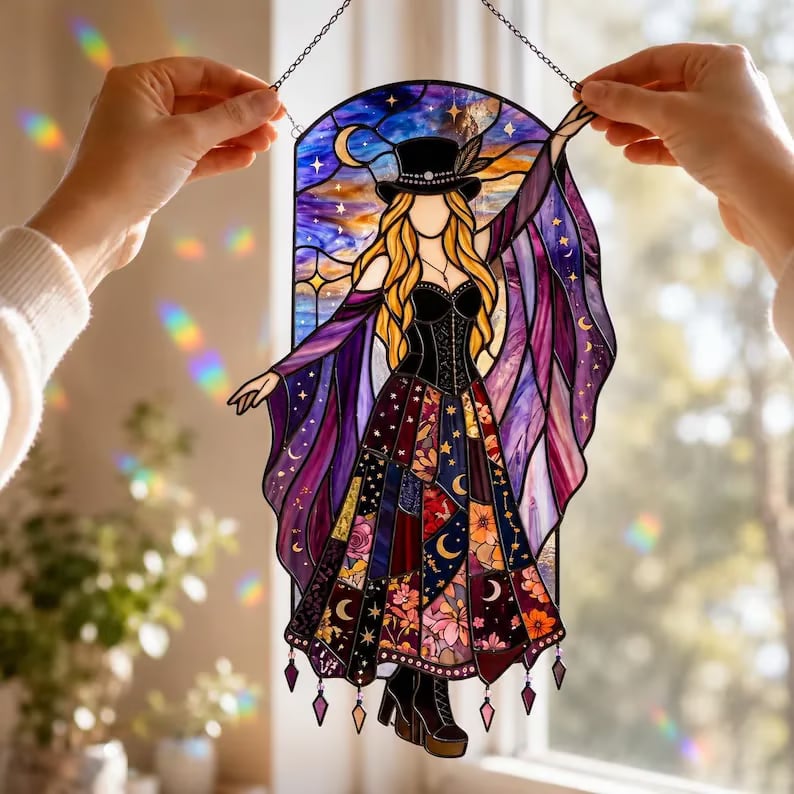 💥 LAST DAY 50% OFF - 💃 Rock Goddess Stevie 🤘 Handmade Stained Glass Spinning Suncatcher