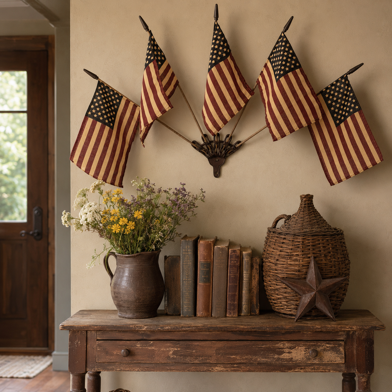 ⏳50% OFF🇺🇸 Rustic Cast Iron 5 Tea-Stained American Flag Wall Display✨