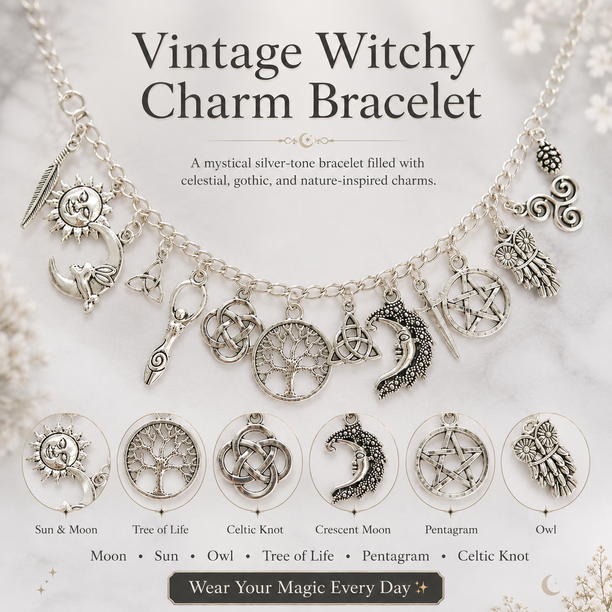 🔥HOT🌙 Vintage Witchy Charm Bracelet ✨ Gothic Moon Star Jewelry Gift for Halloween & Everyday Outfits