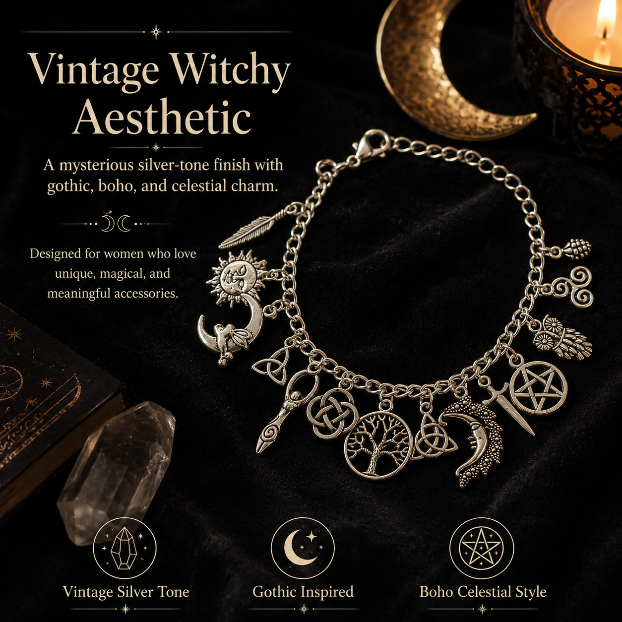 🔥HOT🌙 Vintage Witchy Charm Bracelet ✨ Gothic Moon Star Jewelry Gift for Halloween & Everyday Outfits