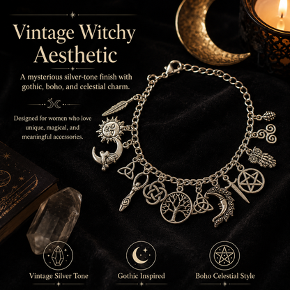 🔥HOT🌙 Vintage Witchy Charm Bracelet ✨ Gothic Moon Star Jewelry Gift for Halloween & Everyday Outfits
