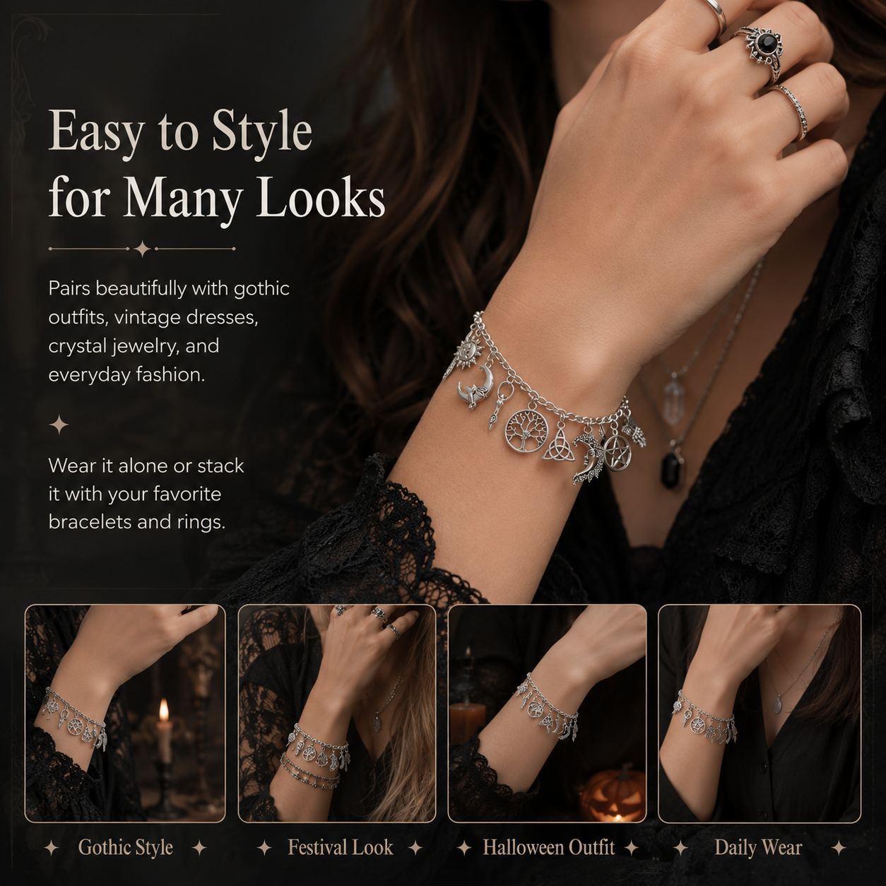 🔥HOT🌙 Vintage Witchy Charm Bracelet ✨ Gothic Moon Star Jewelry Gift for Halloween & Everyday Outfits