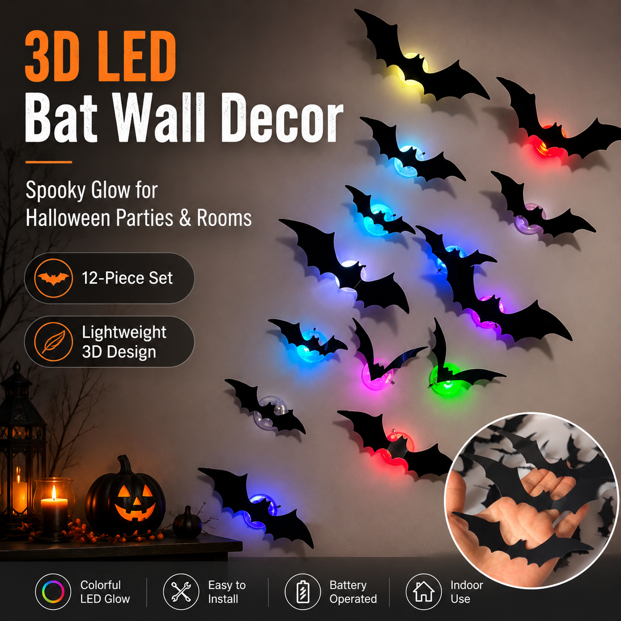 👻✨ 3D Flying Bat Decorations | Colorful LED Halloween Decor for Walls, Doors & Windows