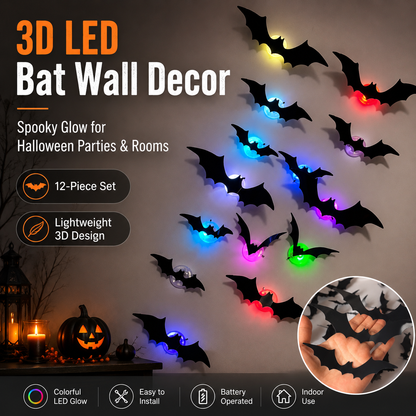 👻✨ 3D Flying Bat Decorations | Colorful LED Halloween Decor for Walls, Doors & Windows