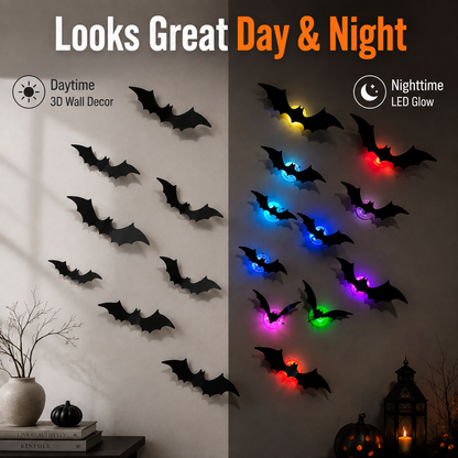 👻✨ 3D Flying Bat Decorations | Colorful LED Halloween Decor for Walls, Doors & Windows