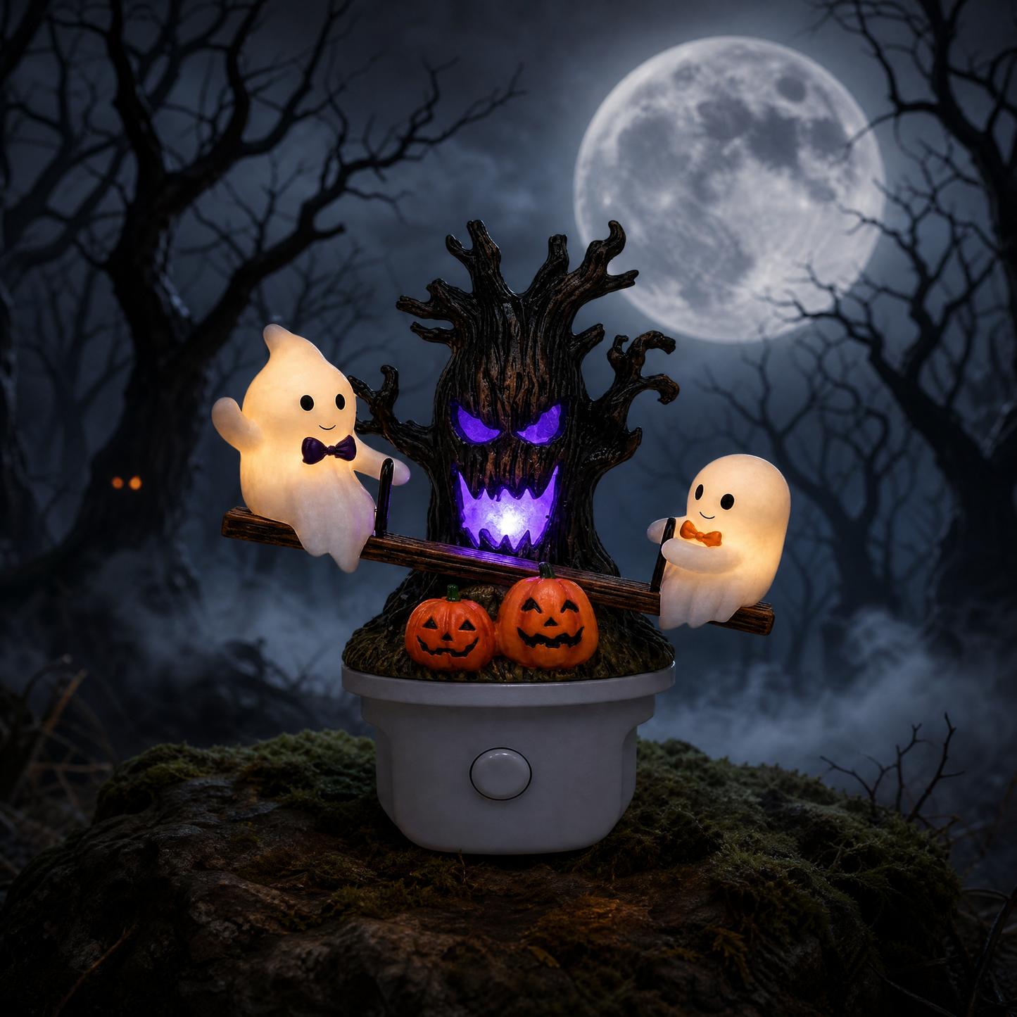 Animated Seesaw Ghost Plug In LED Night Light, 3D Halloween Lamp with Pumpkin & Spooky Tree, Cute Spooky Indoor Decor for Bedroom Bathroom Hallway