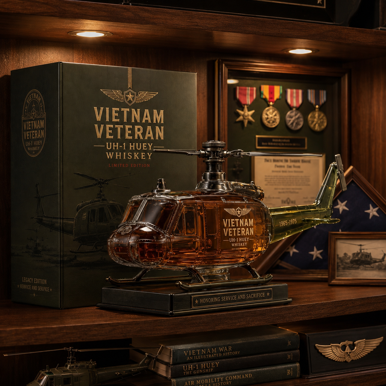 🚁Free Shipping Now🎖️Vietnam Veteran UH-1 Huey Helicopter 1965-1975 Whiskey Bottle