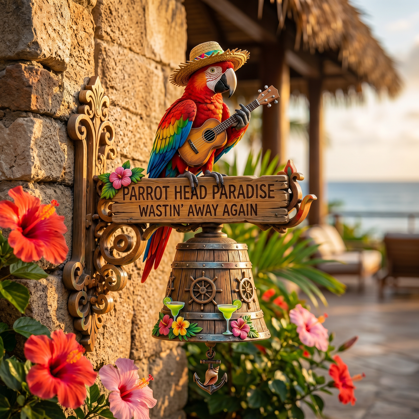 🔥Last Day 49% OFF Sola🔥-🐠 "Parrot Head Paradise Wastin' Away Again" Tropical Wall Bell