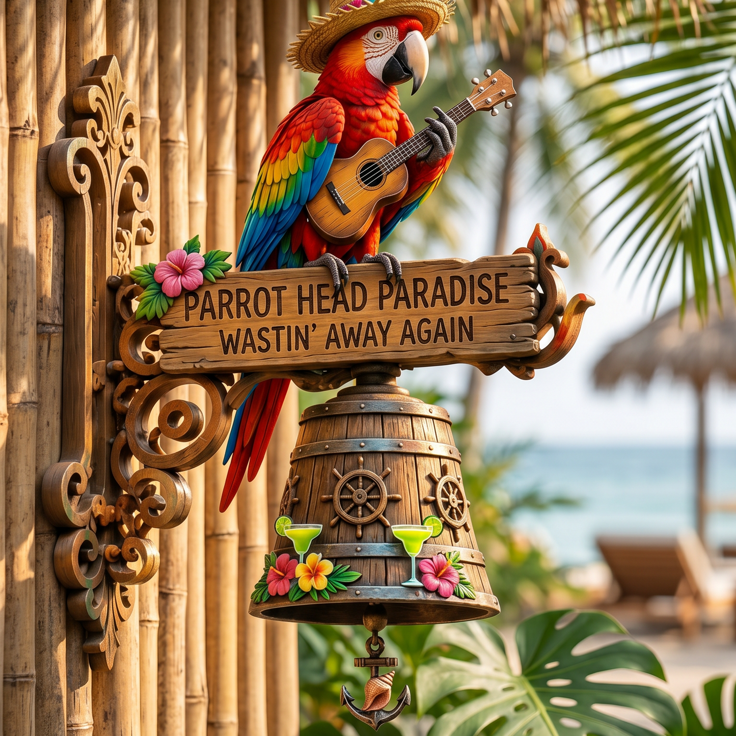🔥Last Day 49% OFF Sola🔥-🐠 "Parrot Head Paradise Wastin' Away Again" Tropical Wall Bell