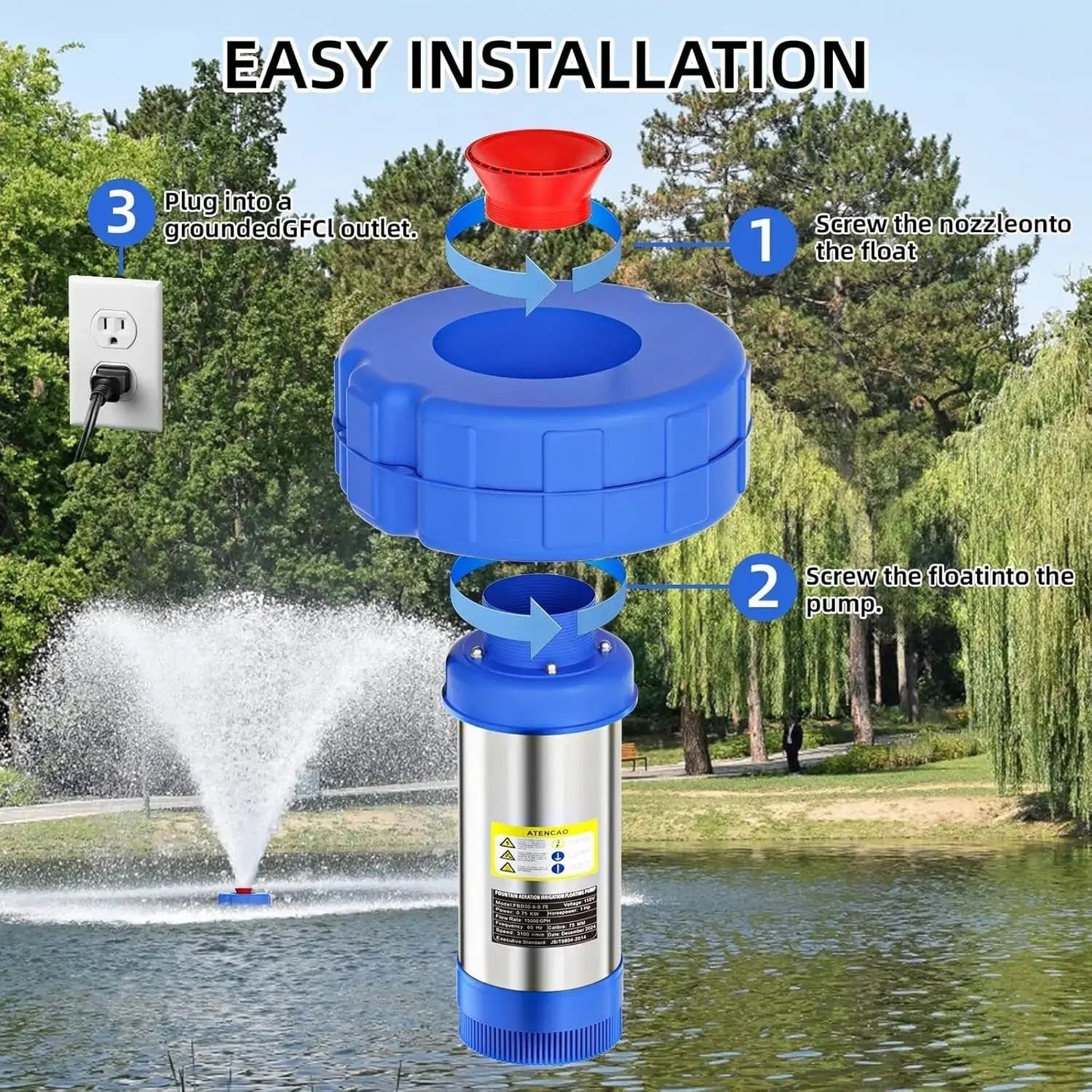 1HP 750W Floating Pond Fountain Aerator, 15000 GPH Pump for Large Ponds & Lakes