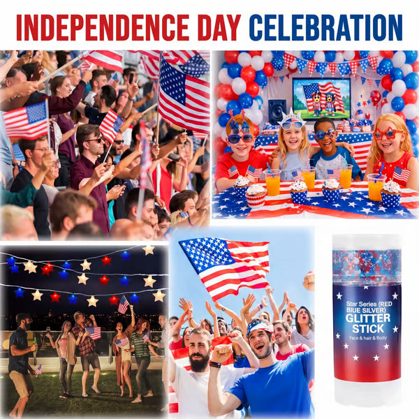 🔥Last Day 54% OFF⚡️3-in-1 Patriotic Glow😍✨Red, White & Blue Glitter Body Stick✨4th of July Glitter Stick🔔