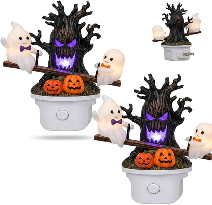 Animated Seesaw Ghost LED Night Light, Plug-in 3D Glowing Lamp with Spooky Tree & Pumpkin Design, Cute Halloween Decor, Ideal Indoor Ornament for Bedroom, Bathroom, Hallway (Black-1pcs)