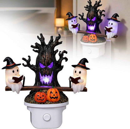 Animated Seesaw Ghost LED Night Light, Plug-in 3D Glowing Lamp with Spooky Tree & Pumpkin Design, Cute Halloween Decor, Ideal Indoor Ornament for Bedroom, Bathroom, Hallway (Black-1pcs)