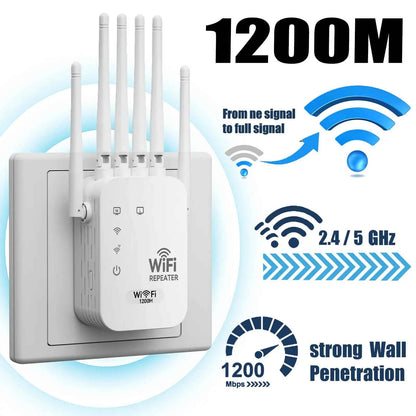 🚀 1200Mbps WiFi Extender | 6-Antenna Dual Band Repeater | Gigabit Port