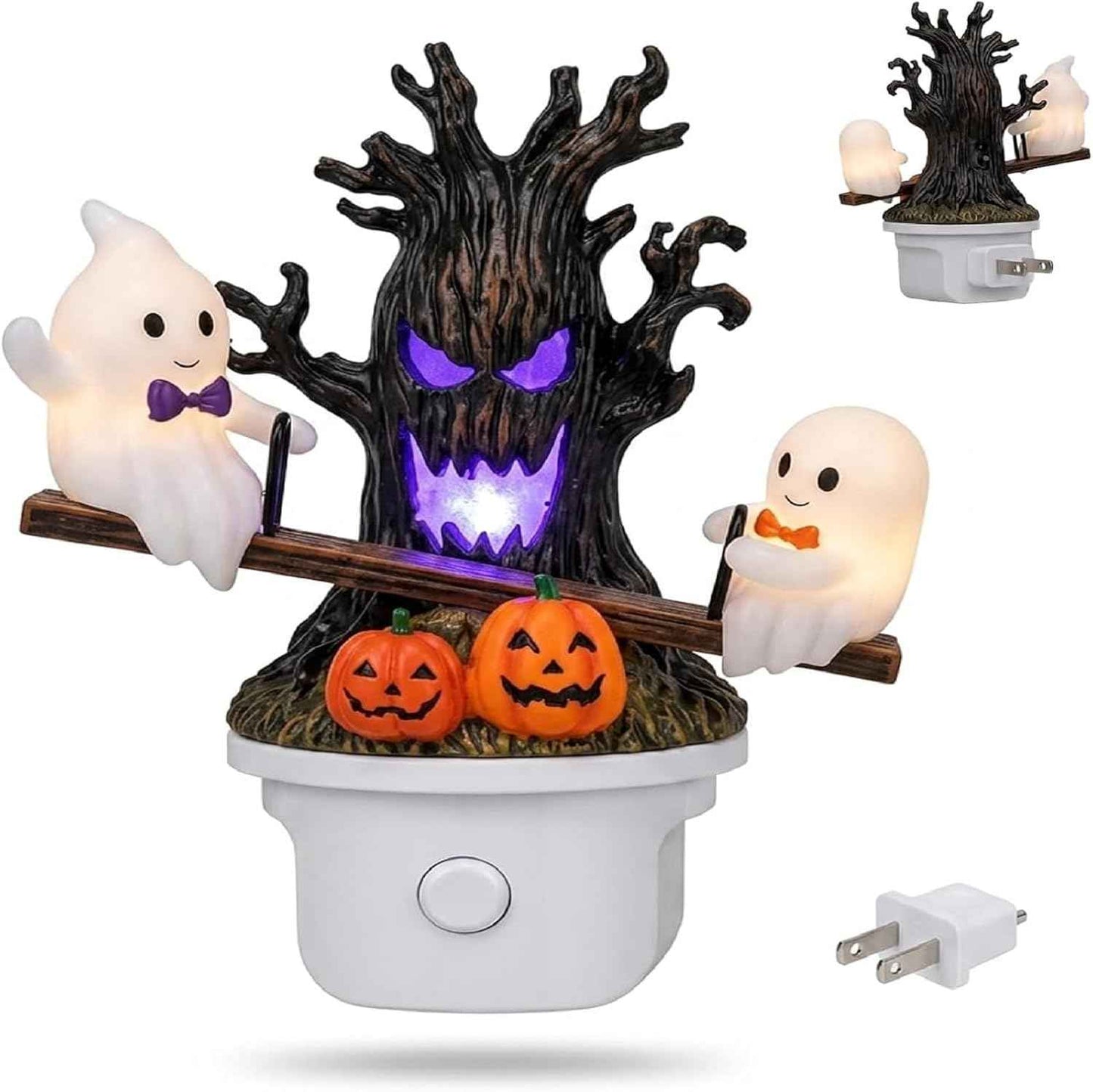 Animated Seesaw Ghost LED Night Light, Plug-in 3D Glowing Lamp with Spooky Tree & Pumpkin Design, Cute Halloween Decor, Ideal Indoor Ornament for Bedroom, Bathroom, Hallway (Black-1pcs)
