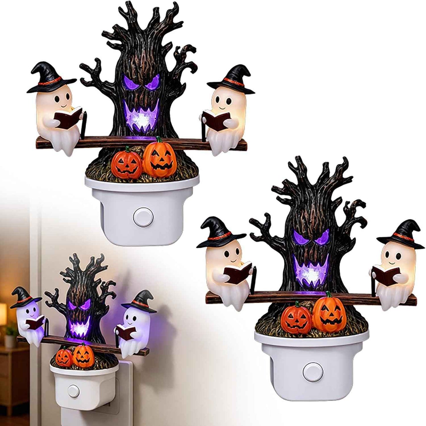 Animated Seesaw Ghost LED Night Light, Plug-in 3D Glowing Lamp with Spooky Tree & Pumpkin Design, Cute Halloween Decor, Ideal Indoor Ornament for Bedroom, Bathroom, Hallway (Black-1pcs)