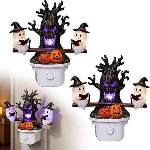 Animated Seesaw Ghost LED Night Light, Plug-in 3D Glowing Lamp with Spooky Tree & Pumpkin Design, Cute Halloween Decor, Ideal Indoor Ornament for Bedroom, Bathroom, Hallway (Black-1pcs)