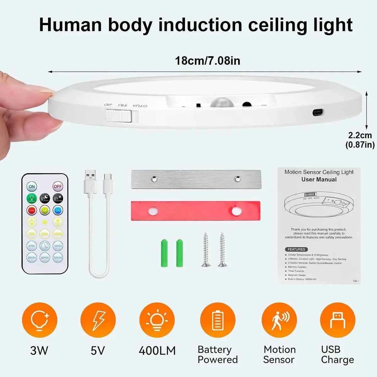 ✨ Motion Sensor Ceiling Light | Remote Control Rechargeable Lamp